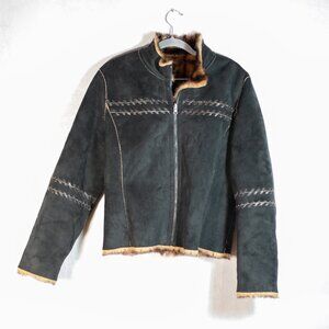 Dennis Basso Womens Vintage Reversible Coat Faux Fur/Faux Suede Brown Black Sz L